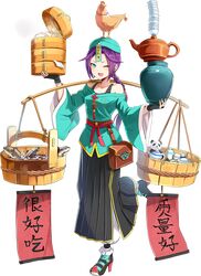  1girl ;d aqua_eyes bare_shoulders bird black_skirt braid braided_ponytail chicken collarbone dim_sum emerane fish full_body long_hair long_skirt low_ponytail off-shoulder_shirt official_art one_eye_closed open_mouth oshiro_project oshiro_project_re pingyao_gucheng_(oshiro_project) pleated_skirt purple_hair shirt single_braid skirt smile solo stuffed_animal stuffed_panda stuffed_toy teapot transparent_background vase 