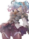  1girl ajipontarou armor blue_hair bow brown_bow brown_skirt gauntlets hair_bow hair_over_one_eye long_hair pantyhose pink_eyes skirt smile standing striped striped_bow 