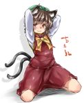  1girl :3 animal_ears arms_behind_head bow bowtie brown_eyes brown_hair cat_ears cat_tail chen chinese_clothes full_body green_hat hat jewelry kneeling long_sleeves looking_at_viewer ototobe red_skirt simple_background single_earring skirt skirt_set smile solo tail touhou vest yellow_neckwear 