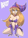  1girl absurdres alternate_costume bare_shoulders bigdead93 blonde_hair boots breasts choker cleavage dark_magician_girl duel_monster fingerless_gloves gloves hat highres long_hair navel open_mouth pentacle purple_background purple_footwear seiza sitting smile solo violet_eyes wizard_hat yu-gi-oh! yuu-gi-ou_duel_monsters 