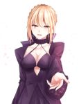  1girl artoria_pendragon_(all) blonde_hair blush breasts cleavage collarbone eyebrows_visible_through_hair fate/grand_order fate_(series) large_breasts long_sleeves looking_at_viewer open_mouth rossa_(pixiv27548922) saber_alter short_hair smile solo yellow_eyes 