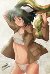  1girl animal_ears artist_name bandaid bandaid_on_face black_eyes black_hair bra brave_witches brown_jacket dog_ears haruhata_mutsuki holding_scarf jacket kanno_naoe looking_at_viewer navel no_pants open_clothes open_jacket open_shirt panties scarf see-through shirt signature solo sports_bra standing striped striped_scarf twitter_username underwear wet wet_bra wet_clothes wet_panties white_background white_bra white_panties world_witches_series 