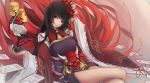  1girl black_hair flower hair_flower hair_ornament highres japanese_clothes kikivi legs_crossed long_hair looking_at_viewer oni_mask onmyouji original red_eyes sitting solo spider_lily wide_sleeves 