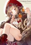 1girl :d absurdres ass bangs belt belt_buckle blonde_hair blush boots bow breasts buckle character_name claw_pose copyright_name cross-laced_footwear dress g-buri german grey_background hair_bow head_tilt highres hood knees_up little_red_riding_hood_(sinoalice) lock long_hair long_sleeves looking_at_viewer open_mouth orange_eyes red_footwear red_hood round_teeth silhouette simple_background sinoalice small_breasts smile solo teeth 