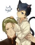  2boys akke animal_ears artist_name black_hair blue_eyes blue_hair cat_ears cat_tail fire_emblem fire_emblem_echoes:_mou_hitori_no_eiyuuou force_(fire_emblem) green_eyes green_hair male_focus multicolored_hair multiple_boys one_eye_closed paison simple_background tail two-tone_hair upper_body white_background yaoi younger 