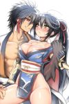  1boy 1girl alternate_hairstyle black_hair blue_gloves blush breasts choker cleavage closed_mouth folks_(nabokof) gloves japanese_clothes kimono large_breasts long_hair looking_at_another obi pelvic_curtain ponytail red_eyes rokurou_rangetsu sash shiny shiny_skin smile tales_of_(series) tales_of_berseria thighs velvet_crowe white_background yellow_eyes 