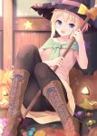  1girl :d black_legwear blonde_hair blue_eyes boots broom candy collarbone commentary_request cross-laced_footwear fang food halloween hat jack-o&#039;-lantern knee_boots komone_ushio open_mouth original pantyhose short_hair sitting smile solo star witch_hat 