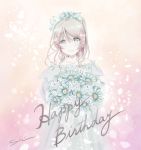  1girl ayase_eli bare_shoulders blonde_hair blue_eyes blurry bokeh bouquet commentary depth_of_field dress english eyebrows_visible_through_hair flower frilled_dress frills hair_flower hair_ornament happy_birthday light_smile lily_(flower) love_live! love_live!_school_idol_project multicolored multicolored_background off-shoulder_dress off_shoulder shino_(shinderera) solo white_dress 