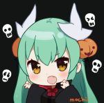  &gt;:d 1girl :d aqua_hair bangs black_background black_cloak blush chibi claw_pose cloak commentary eyebrows_visible_through_hair fang fate/grand_order fate_(series) food_themed_hair_ornament hair_ornament halloween halloween_costume horns kiyohime_(fate/grand_order) long_hair long_sleeves looking_at_viewer mochii neck_ribbon open_mouth pumpkin_hair_ornament red_neckwear red_ribbon ribbon signature simple_background skull slit_pupils smile solo upper_body vampire_costume yellow_eyes 