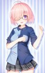 1girl black_skirt blush breasts eyebrows_visible_through_hair fate/grand_order fate_(series) glasses hair_over_one_eye highres lawson looking_at_viewer medium_breasts open_mouth pink_hair shielder_(fate/grand_order) short_hair short_sleeves skirt smile solo umitonakai violet_eyes 