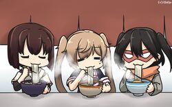  3girls black_hair black_serafuku brown_hair chopsticks closed_eyes eating eyebrows_visible_through_hair food grey_jacket hair_between_eyes hamu_koutarou highres holding_chopsticks hyuuga_(kantai_collection) jacket japanese_clothes kantai_collection light_brown_hair long_hair long_sleeves multiple_girls murasame_(kantai_collection) noodles orange_scarf ramen scarf school_uniform sendai_(kantai_collection) serafuku short_hair short_sleeves smile twintails two_side_up undershirt 