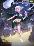  1girl absurdres black_gloves black_ribbon breasts cape chinese commentary_request crop_top full_body gloves grey_eyes hair_ribbon highres konpaku_youmu medium_breasts midriff navel ribbon short_hair silver_hair smile solo sunshine_(1638509769) touhou 