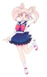  1girl :d bishoujo_senshi_sailor_moon blouse blue_sailor_collar blue_skirt bow chibi_usa double_bun frilled_skirt frills full_body leg_up looking_at_viewer open_mouth pink_hair pleated_skirt red_bow red_eyes saki_(hxaxcxk) shoes short_hair skirt smile socks solo standing standing_on_one_leg twintails white_background white_blouse white_footwear white_legwear 