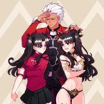  1boy 2girls :d archer asymmetrical_sleeves black_hair black_panties black_ribbon black_skirt blue_eyes breasts choker cleavage closed_eyes collarbone crossed_arms dark_skin detached_sleeves earrings eye_contact eyebrows_visible_through_hair fate_(series) gluteal_fold grey_background hair_ribbon ishtar_(fate/grand_order) jewelry long_hair looking_at_another medium_breasts miniskirt multiple_girls open_mouth panties pleated_skirt red_eyes red_shirt ribbon shirt silver_hair skirt smile spiky_hair standing sweatdrop tohsaka_rin twintails underwear underwear_only very_long_hair yaoshi_jun 