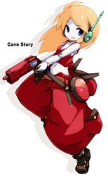  1girl android baggy_pants blonde_hair blue_eyes breasts curly_brace doukutsu_monogatari eyebrows_visible_through_hair full_body gun handgun holding holding_gun holding_weapon karukan_(monjya) long_hair midriff pants revolver robot_ears robot_joints small_breasts solo tank_top weapon white_skin 