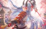  1girl armor backlighting blue_hair cherry_blossoms dual_wielding fate/grand_order fate_(series) fighting_stance headband highres japanese_armor katana light_particles long_hair looking_at_viewer naginata oni_horns petals polearm red_eyes saihate_(d3) solo stone_lantern sword tomoe_gozen_(fate/grand_order) upper_body weapon 