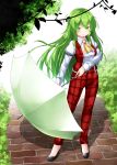  1girl aka_tawashi ascot bangs black_footwear blush bush closed_mouth collared_shirt commentary_request contrapposto day eyebrows_visible_through_hair full_body green_eyes green_hair high_heels highres holding holding_umbrella kazami_yuuka kazami_yuuka_(pc-98) legs_apart long_hair long_sleeves looking_at_viewer open_clothes open_vest outdoors pants plaid plaid_pants plaid_vest red_pants shadow shirt shoes simple_background smile solo standing stone_floor touhou umbrella very_long_hair vest white_background white_shirt wing_collar yellow_neckwear 