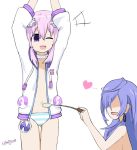  2girls :d blue_hair breasts choker d-pad heart hood hooded_jacket iris_heart jacket large_breasts lukazawa multiple_girls neptune_(choujigen_game_neptune) neptune_(series) no_pants one_eye_closed open_clothes open_jacket open_mouth panties purple_hair short_hair simple_background small_breasts smile striped striped_panties tickling topless underwear violet_eyes white_background yuri 