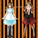  2girls alice_(wonderland) alice_in_wonderland alternate_costume bow brown_eyes brown_hair charlotte_pudding crown dual_persona gloves halloween halloween_costume heart highres long_hair multiple_girls one_piece queen_of_hearts thigh-highs third_eye twintails 