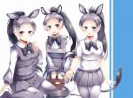  1girl animal_ears bag black_bow blush bow breasts closed_mouth donkey_(kemono_friends) donkey_ears donkey_tail eyebrows eyebrows_visible_through_hair grey_eyes grey_hair grey_legwear grey_skirt handbag highres kanzakietc kemono_friends long_hair looking_at_viewer medium_breasts multicolored_hair open_mouth pantyhose ponytail sitting skirt smile speech_bubble tail translated two-tone_hair wariza white_legwear 