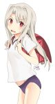  1girl artist_name backpack bag bright_pupils buruma cowboy_shot fate/kaleid_liner_prisma_illya fate_(series) flat_chest from_side gym_uniform illyasviel_von_einzbern leaning_forward light_brown_hair long_hair open_mouth randoseru red_eyes rkrk see-through_silhouette short_sleeves simple_background solo sweatdrop wavy_mouth white_background white_pupils 