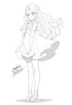  1girl ankle_socks artist_name bangs character_name character_request choker copyright_request dated dress dress_lift frilled_sleeves frills full_body hair_between_eyes highres long_hair looking_at_viewer monochrome ooyari_ashito parted_bangs parted_lips print_legwear simple_background sketch sleeveless slippers solo standing wavy_hair white_background 