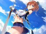  1girl aircraft ass azur_lane bare_shoulders blue_eyes blue_sky braid brown_hair closed_mouth clouds cloudy_sky day detached_sleeves dutch_angle eyebrows_visible_through_hair from_side gloves hair_between_eyes long_sleeves looking_at_viewer midriff miniskirt orihi_chihiro planted_sword planted_weapon ponytail repulse_(azur_lane) sidelocks skirt sky smile solo sword thigh-highs weapon white_gloves 