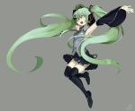  1girl alternate_color boots detached_sleeves green_eyes green_hair grey_background hatsune_miku jumping long_hair necktie open_mouth skirt solo thigh-highs thigh_boots twintails very_long_hair vocaloid zambiie 