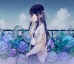  1girl absurdres black_hair black_skirt blue_eyes blush crying crying_with_eyes_open eyebrows_visible_through_hair flower highres hydrangea looking_at_viewer original outdoors parted_lips rain skirt sleeves_past_wrists tears zhibuji_loom 