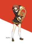  1girl absurdres black_shirt black_skirt brown_eyes brown_footwear brown_hair closed_mouth commentary eyebrows_visible_through_hair full_body hibike!_euphonium highres holding holding_instrument instrument kion-kun legs_apart long_sleeves looking_at_viewer oumae_kumiko pinky_out pleated_skirt red_background school_uniform serafuku shirt shoes short_hair skirt smile socks solo standing trombone twitter_username two-tone_background white_legwear wide-eyed 