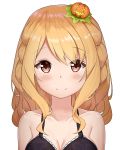  1girl absurdres bangs bare_shoulders black_bra blush bra breasts cleavage closed_mouth collarbone eyebrows_visible_through_hair food_themed_hair_ornament hair_ornament highres imouto_sae_ireba_ii long_hair looking_at_viewer medium_breasts nagisa_(pixiv17634981) pumpkin_hair_ornament red_eyes shirakawa_miyako sidelocks simple_background smile solo swept_bangs tareme underwear underwear_only upper_body white_background 