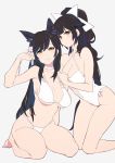  2girls animal_ears arm_up atago_(azur_lane) azur_lane bangs barefoot bikini black_hair blunt_bangs bow breasts brown_eyes casual_one-piece_swimsuit choker cleavage closed_mouth criss-cross_halter eyebrows_visible_through_hair flower grey_background hair_bow hair_flower hair_ornament halterneck hand_on_another&#039;s_shoulder kneeling large_breasts leaning_forward mole mole_under_eye multiple_girls navel one-piece_swimsuit ponytail simple_background sitting smile sohin string_bikini swept_bangs swimsuit takao_(azur_lane) wariza white_bikini wristband 