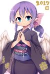  1girl 2017 blue_eyes bow feathered_wings hair_bow hands_clasped kimno long_hair looking_at_viewer low_wings obi pink_bow pointy_ears ponytail purple_hair sash smile solo tatuyayosi white_wings wings 