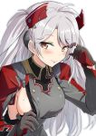  1girl azur_lane bangs blush breasts brown_eyes gloves gochou_(atemonai_heya) grey_gloves grey_hair grey_jacket hand_under_clothes headgear iron_cross jacket large_breasts long_hair long_sleeves looking_at_viewer mole mole_on_breast prinz_eugen_(azur_lane) sideboob simple_background smile solo tongue tongue_out white_background 