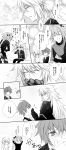  1girl 3boys absurdres blush closed_eyes comic fate/apocrypha fate/grand_order fate_(series) greyscale highres long_hair male_focus meter monochrome multiple_boys rider_of_black ruler_(fate/apocrypha) saber_of_black short_hair sieg_(fate/apocrypha) simple_background speech_bubble translation_request 