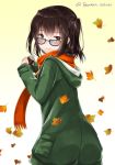  1girl autumn_leaves baretto_(firearms_1) black_hair blurry brown_eyes can casual commentary_request depth_of_field glasses highres holding hooded_coat kantai_collection long_hair looking_at_viewer looking_back scarf sendai_(kantai_collection) smile solo twitter_username two_side_up 