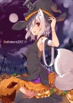  1girl 2017 adyisu albino altair_floone animal_ears bandage bandage_over_one_eye bandaged_arm black_footwear boots breasts clouds cross fang from_side full_moon graveyard halloween hand_on_headwear hat jack-o&#039;-lantern kemonomimi_mode leg_up looking_at_viewer medium_breasts moon night night_sky open_mouth original outdoors pumpkin red_eyes screw short_hair skirt sky sleeveless solo stitches tail thigh-highs thigh_boots twitter_username white_hair witch_hat 