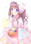  &gt;_&lt; 1girl :q arm_support bangs blue_eyes blush blush_stickers bonnet brown_hair candy cookie dress eating eyebrows_visible_through_hair food fork frilled_dress frilled_legwear frills ghost halloween halloween_basket hand_to_own_mouth hat highres jack-o&#039;-lantern juliet_sleeves lollipop long_hair long_sleeves original pink_background pink_dress plaid plaid_dress puffy_sleeves simple_background sitting sleeves_past_wrists solo swirl_lollipop tareme thigh-highs tongue tongue_out usashiro_mani white_background white_hat white_legwear 