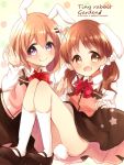  2girls :d animal_ears arm_up bangs black_footwear black_skirt blush bow bowtie brown_eyes brown_hair bunny_girl bunny_tail collared_shirt commentary_request copyright_name eyebrows_visible_through_hair gochuumon_wa_usagi_desu_ka? hair_between_eyes hair_ornament hair_scrunchie hairclip haru_ichigo hoto_cocoa kneehighs long_hair long_sleeves low_twintails mary_janes matching_outfit multicolored multicolored_polka_dots multiple_girls musical_note natsu_megumi open_mouth pink_vest polka_dot polka_dot_background quaver rabbit_ears rabbit_house_uniform red_neckwear scrunchie shirt shoes sitting skirt skirt_hold smile star tail twintails typo violet_eyes white_legwear white_scrunchie white_shirt 