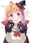 1girl ahoge bangs bow bowtie braid cape cute double-breasted facial_mark fang flying_sweatdrops gloves hair_bow hair_ornament halloween halloween_costume hat heart jack-o&#039;-lantern jack-o&#039;-lantern_hair_ornament kitahara_tomoe_(kitahara_koubou) love_live! love_live!_sunshine!! open_mouth orange_hair paw_gloves paws red_eyes red_neckwear school_uniform serafuku side_braid solo sweatdrop takami_chika twitter_username upper_body wavy_mouth witch_hat 