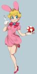  1girl animal_ears blue_background blue_eyes bow breasts crown dress full_body gloves heart high_heels highres holding looking_at_viewer super_mario_bros. mushroom one_leg_raised pink_dress princess_peach rabbit_ears shoes skirt smile solo standing standing_on_one_leg super_mario_bros. zambiie 