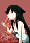  1girl bare_shoulders black_eyes black_hair breasts cleavage dress eating food hair_flaps long_hair looking_at_viewer sausage saya saya_no_uta solo sundress uchuu_ika 