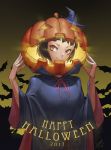  &gt;:) 1girl 2017 bangs bat black_light blue_hat blush brown_hair cloak closed_mouth glowing gradient gradient_background halloween happy_halloween hat lips long_sleeves looking_at_viewer mini_hat mini_witch_hat original pink_ribbon pumpkin ribbon short_hair signature smile solo upper_body wide_sleeves witch witch_hat yellow_eyes 