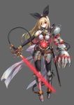  1girl armor armored_boots bangs beam_saber belt belt_buckle black_gloves black_legwear black_panties blonde_hair boots bracelet breasts buckle cable doll_joints elbow_gloves energy_sword faulds frown full_body gauntlets gloves gluteal_fold grey_background groin hairband head_tilt highres holding holding_sword holding_weapon jewelry knee_pads long_hair looking_at_viewer medium_breasts original outstretched_arm panties pauldrons ramuya_(lamb) red_eyes sheath simple_background solo standing sword thigh-highs underwear unsheathed weapon 
