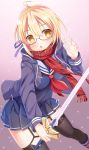  1girl ahoge artoria_pendragon_(all) black_legwear blonde_hair blue_skirt blush breasts eyebrows_visible_through_hair fate_(series) glasses highres holding holding_sword holding_weapon large_breasts looking_at_viewer mysterious_heroine_x mysterious_heroine_x_(alter) parted_lips red_scarf scarf skirt solo sword thigh-highs umitonakai weapon yellow_eyes 