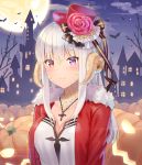 1girl 5ya au_ra bangs black_ribbon blush breasts castle cleavage closed_mouth clouds cross cross_necklace eyebrows_visible_through_hair final_fantasy final_fantasy_xiv flower frills full_moon fur_trim halloween hat hat_flower hat_ribbon heterochromia horns jack-o&#039;-lantern jacket jewelry large_breasts long_hair long_sleeves looking_at_viewer mini_hat moon necklace night night_sky open_clothes open_jacket outdoors pumpkin red_eyes red_jacket red_rose ribbon rose scales shirt sky smile solo top_hat tree upper_body violet_eyes white_hair white_shirt 
