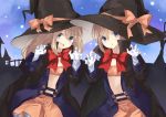 2girls :d black_coat blancpig_yryr blue_eyes brown_hair gloves halloween halloween_costume hands_up hat highres long_hair looking_at_viewer multiple_girls neptune_(series) night night_sky open_mouth orange_skirt ram_(choujigen_game_neptune) rom_(choujigen_game_neptune) short_hair siblings sisters skirt sky smile star_(sky) starry_sky twins white_gloves witch witch_hat 