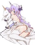  1girl ass azur_lane bare_shoulders breasts closed_mouth dress elbow_gloves gloves long_hair looking_back lying object_hug one_side_up purple_hair saboten shoulder_blades simple_background small_breasts solo stuffed_animal stuffed_toy thigh-highs unicorn_(azur_lane) violet_eyes white_background white_dress white_gloves white_legwear 