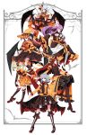  6+girls :d absurdres ahoge bandage bandaged_leg bat_wings black_skirt blonde_hair blue_eyes blue_hair book boots bow braid brown_skirt brown_vest demon_wings flandre_scarlet frills green_eyes hair_bow hair_ornament halloween halloween_costume high_heels highres hong_meiling izayoi_sakuya jack-o&#039;-lantern jack-o&#039;-lantern_hair_ornament koakuma long_hair long_sleeves looking_at_viewer multiple_girls neck_ribbon open_mouth orange_shirt orange_skirt outstretched_arms patchouli_knowledge puffy_short_sleeves puffy_sleeves purple_hair red_eyes red_neckwear red_ribbon redhead remilia_scarlet ribbon shirt short_hair short_sleeves side_ponytail sidelocks skirt smile spread_arms touhou twin_braids underbust violet_eyes white_background wings wrist_cuffs yutapon 