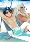  2boys armpits arms_behind_head bare_chest beach black_hair blue-framed_eyewear blue_eyes dark_skin dark_skinned_male eyewear_on_head fate/grand_order fate_(series) fujimaru_ritsuka_(male) grin long_hair looking_at_viewer male_focus male_swimwear multiple_boys muscle saber_of_black scar sleeping smile swim_trunks swimwear touko_(rinto) umbrella white_hair 